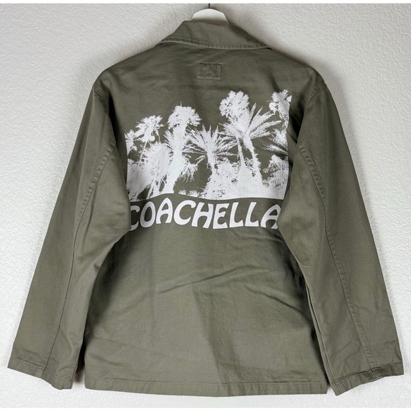 Coachella Army Green Heavy Weight Button Up Graphic Palm Trees Jacket size Small - Picture 7 of 12